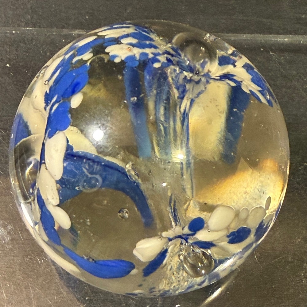 Blue and White Speckled Art Glass Paperweight Sphere with Controlled Bubbles